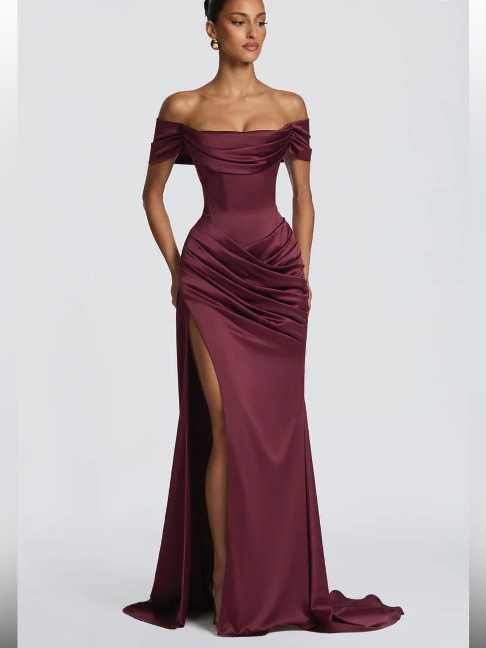 NWT BabyBoo Riona Off-Shoulder Cherry Lacquer Satin Evening Gown S Small